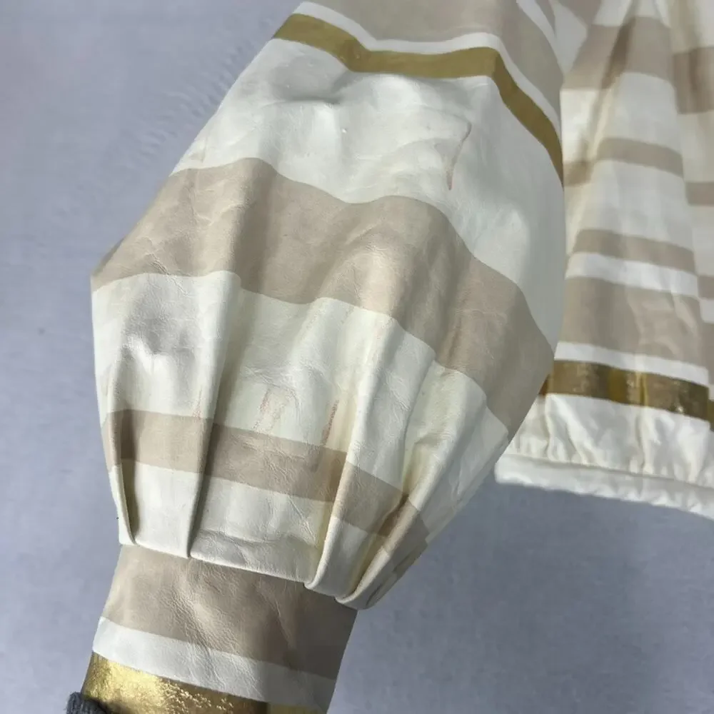 Chanel Lambskin Leather Jacket Women's Size 36 Beige & Gold Stripe Detail Zip